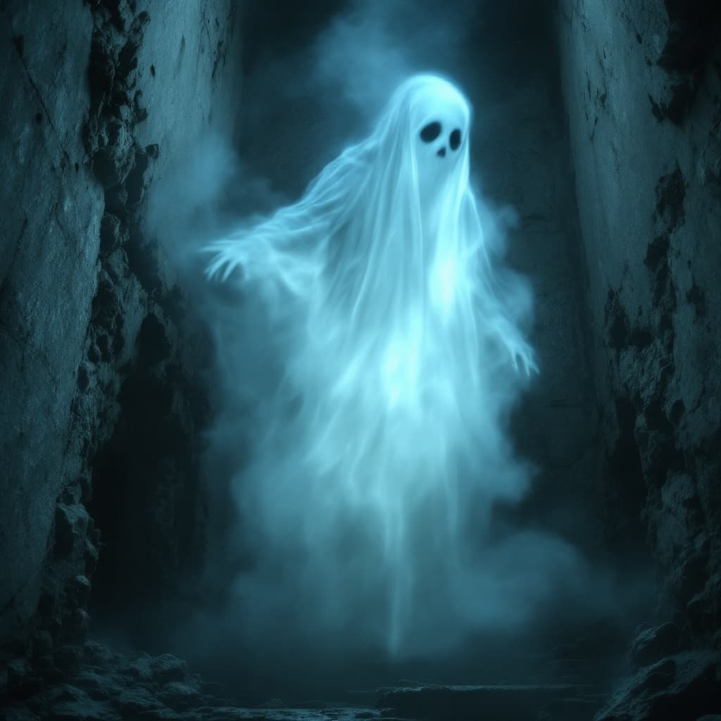 AI generated: High resolution photography of a ghost floting in a cementary at night, dim light

