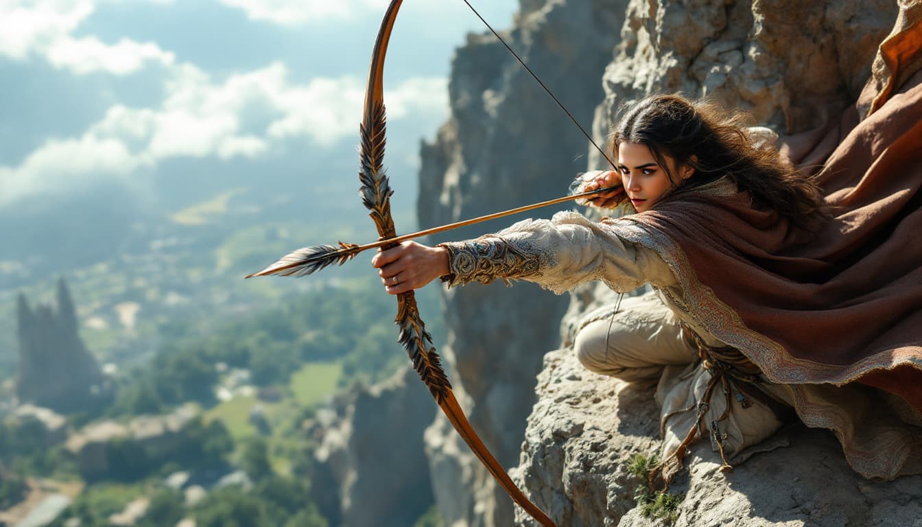 AI generated: High-angle shot of Youtab firing arrows from a cliff, her Persian cloak billowing, arrows adorned wi...