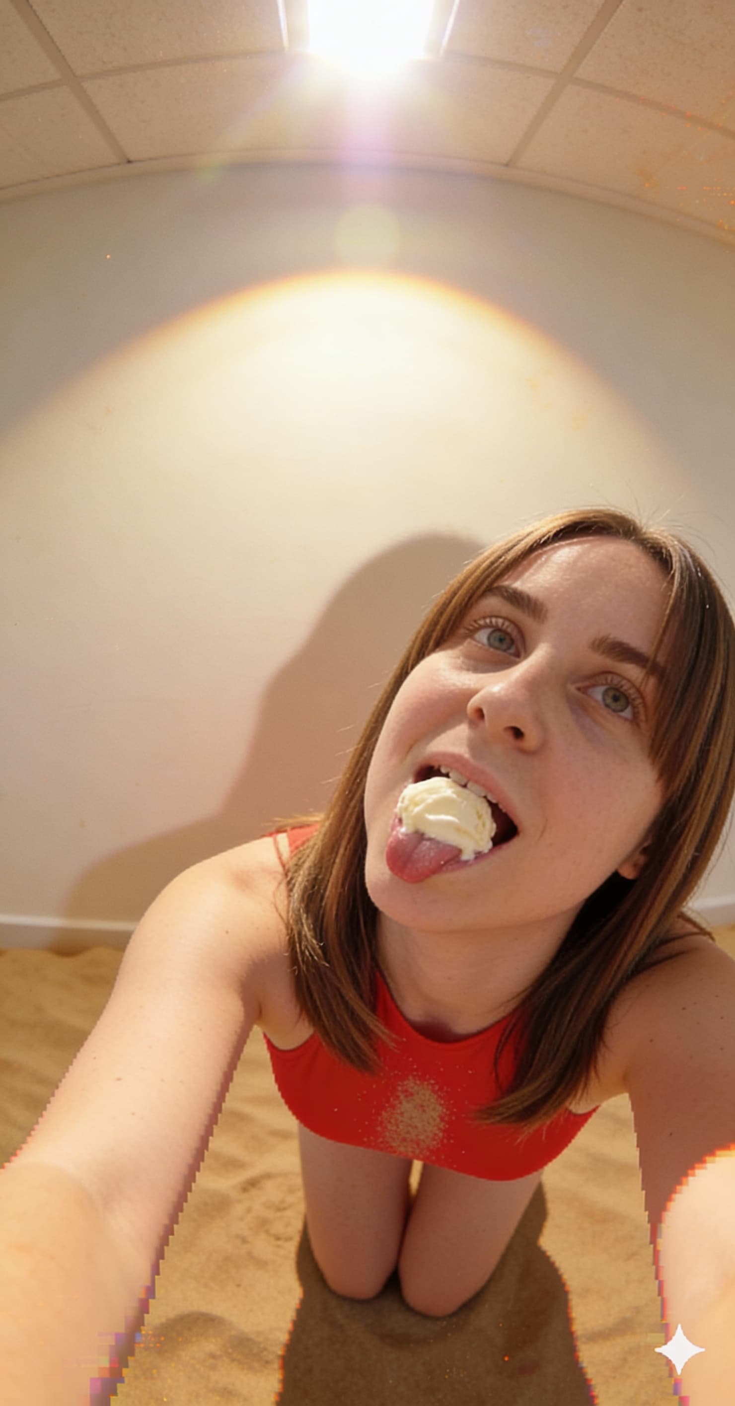 AI generated: A lo-fi snapshot, an iPhone selfie from the early 2010s taken from a high angle on the ceiling. A up...
