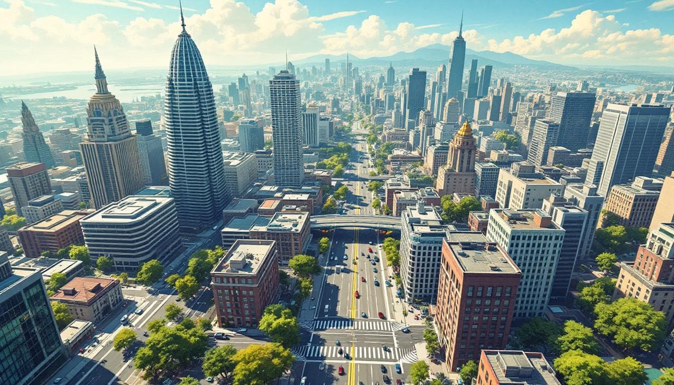 AI generated: Cartoon illustration, comic book cover featuring an aerial view of a modern city during a summer mor...