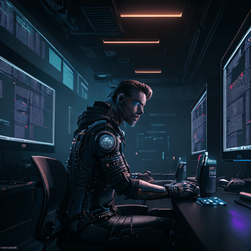 AI generated: The Trading room is dark, with only the light from the screens illuminating the room. The programmer...