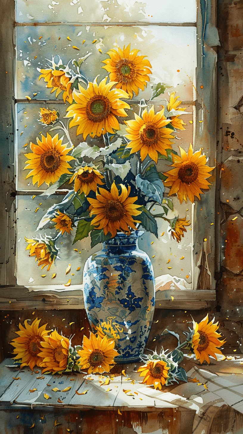 AI generated: watercolor painting, sunflowers in a vase on a country table, warm lighting --ar 9:16 --stylize 750