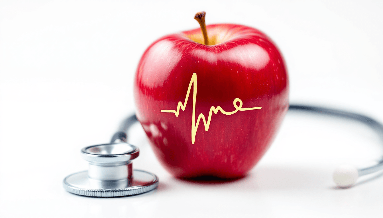 AI generated: Red apple with heartbeat carving, stethoscope, healthcare concept, nutrition, heart health, medical ...