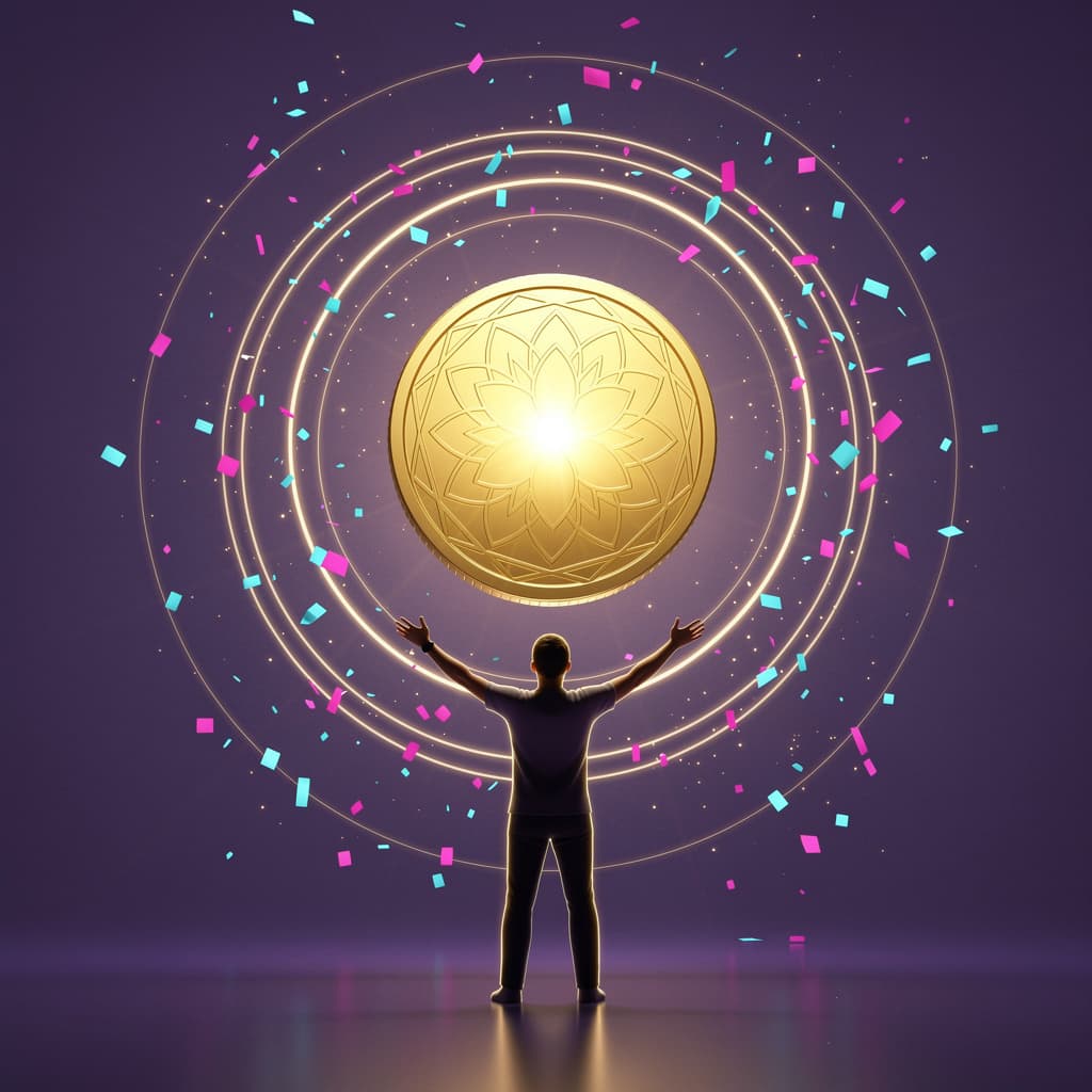 AI generated: figure seen from behind standing before newly created floating token, 
token is golden #FFB845 geome...