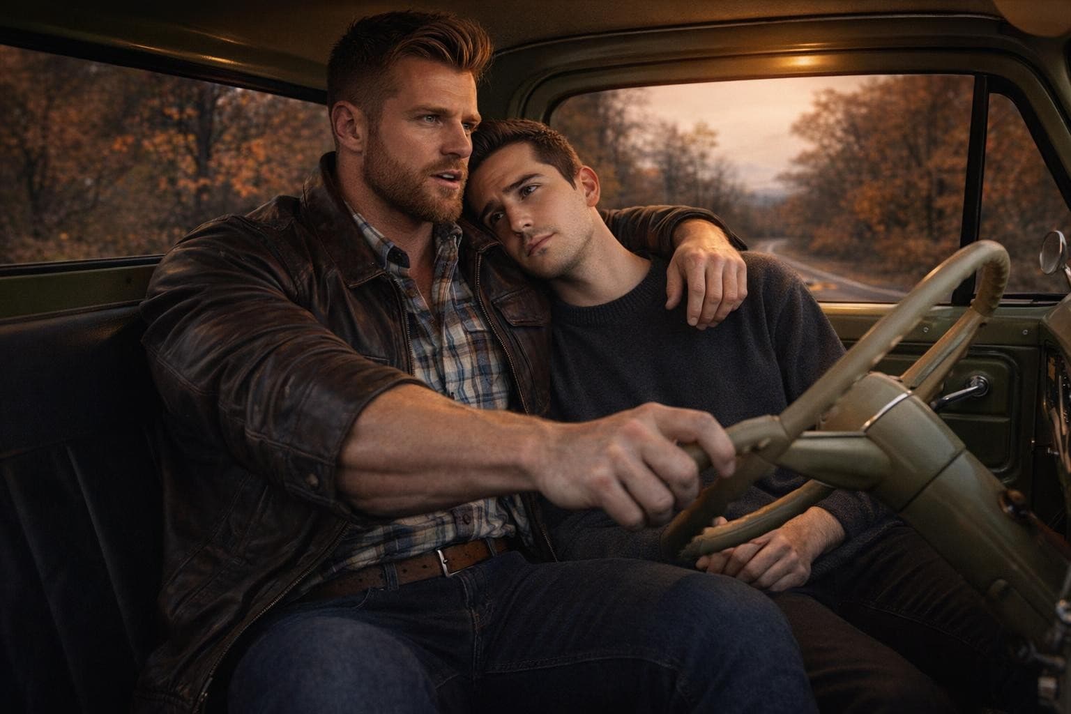 AI generated: In an Autumn night, the bodybuilder is driving a vintage Ford olive green pick up truck. He is drivi...