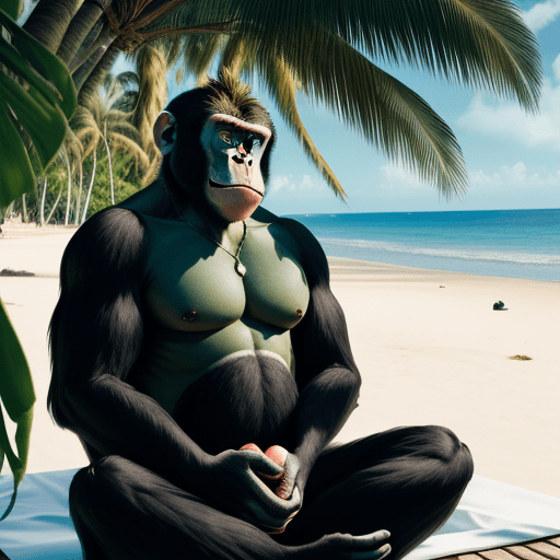 AI generated: a big monkey with a green coconut, black body and white chest sitting on a beach looking at the ocea...