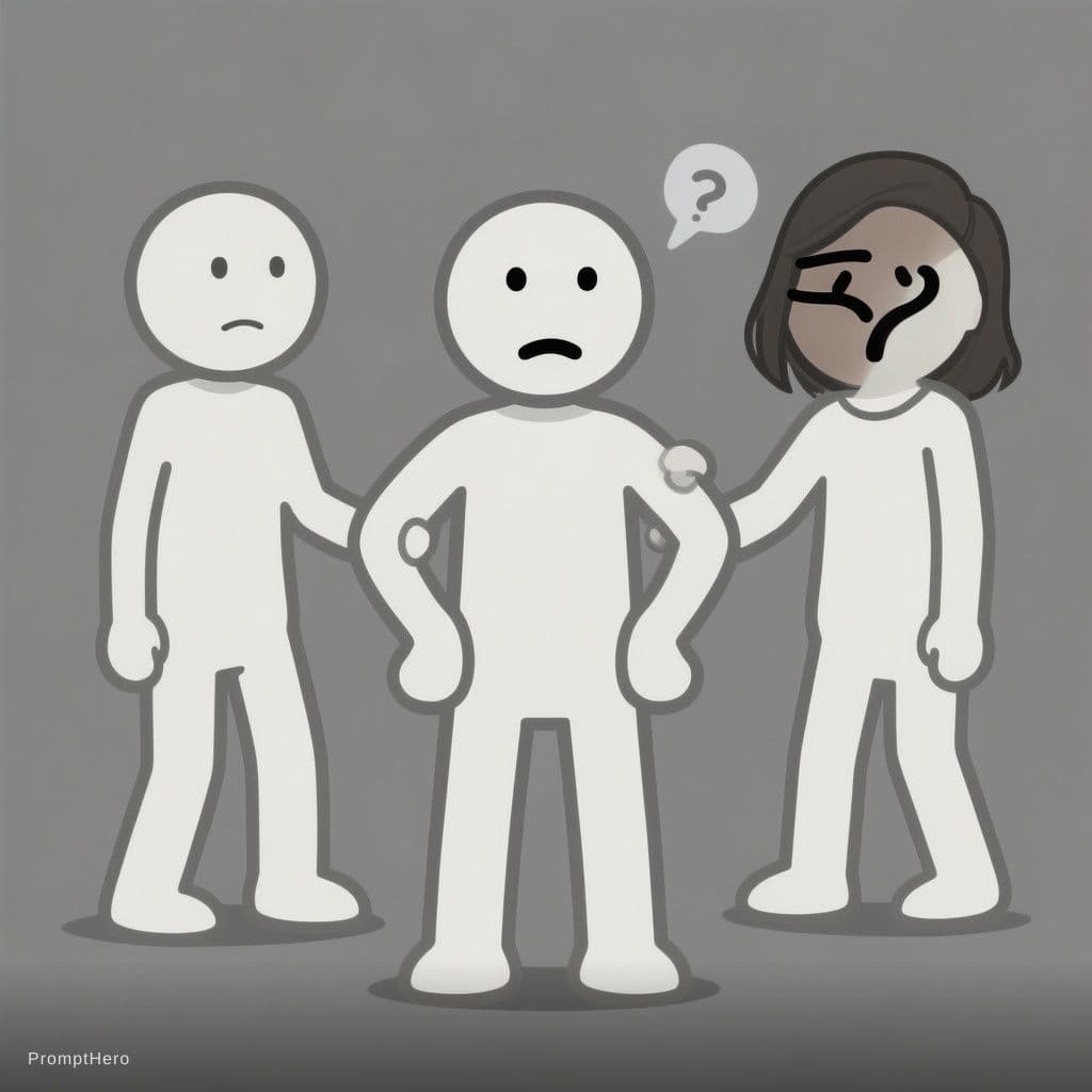 AI generated: POV showing a third neutral stick figure stuck between Gary and Maya in the gap, looking confused,
S...