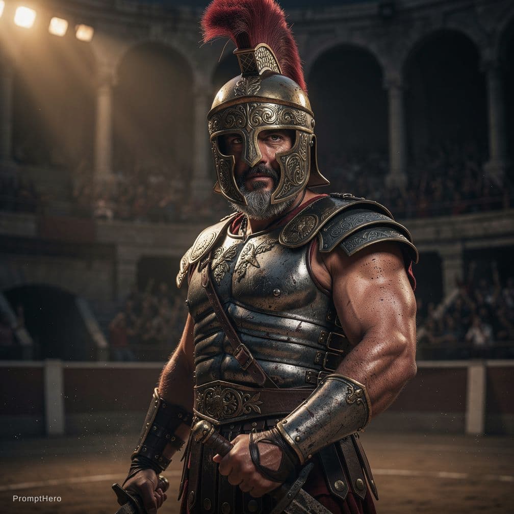 AI generated: A highly detailed photorealistic digital illustration of a Roman gladiator, captured in a commanding...