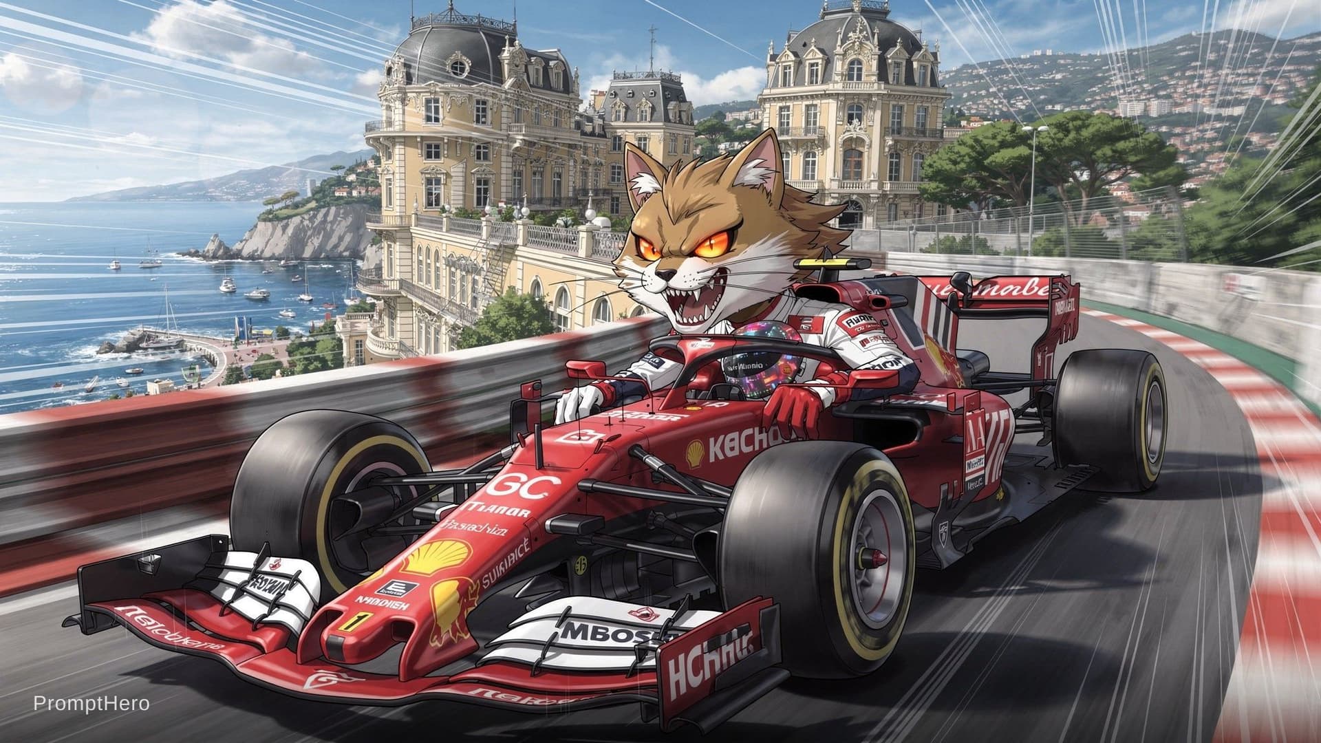 AI generated: A menacing anthropomorphic cat with glowing amber eyes and sharp fangs, dressed in a sleek red and w...