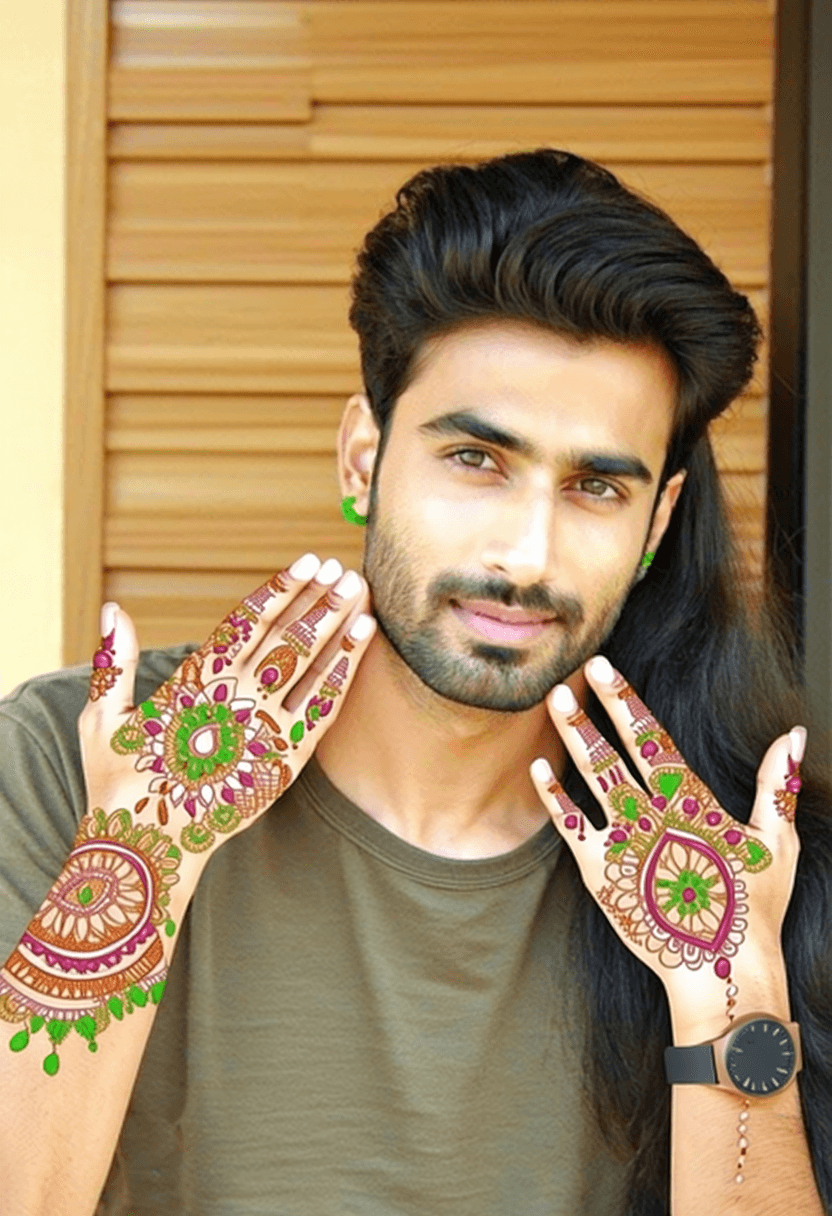 AI generated: realistic, in tshirt,,honeymoon
,mehndi on elgs,arms,with husbanf
