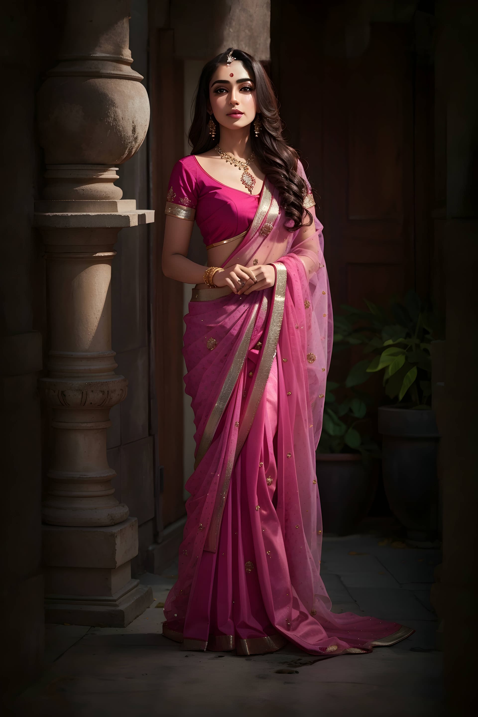 AI generated: A realism style full body photography of a gorgeous women in pink color saree , gorgeous women, 8k q...