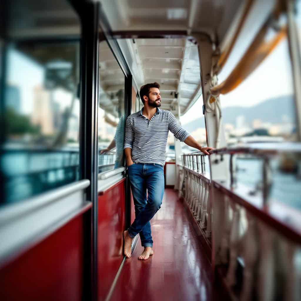 AI generated: create a image for this "A man standing on a boat deck, looking at the camera." in a striped shirt a...