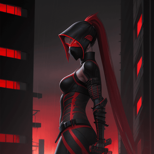 AI generated: a female assassin ninja in red and black ninja outfit, at night, black and red buildings , dark fogg...