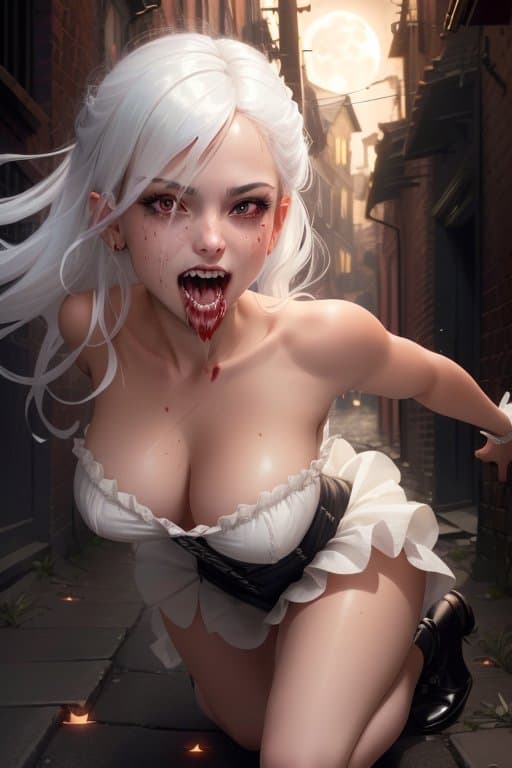 AI generated: extremely detailed CG unity 8k wallpaper portrait of a vampire woman biting the viewer in a victoria...