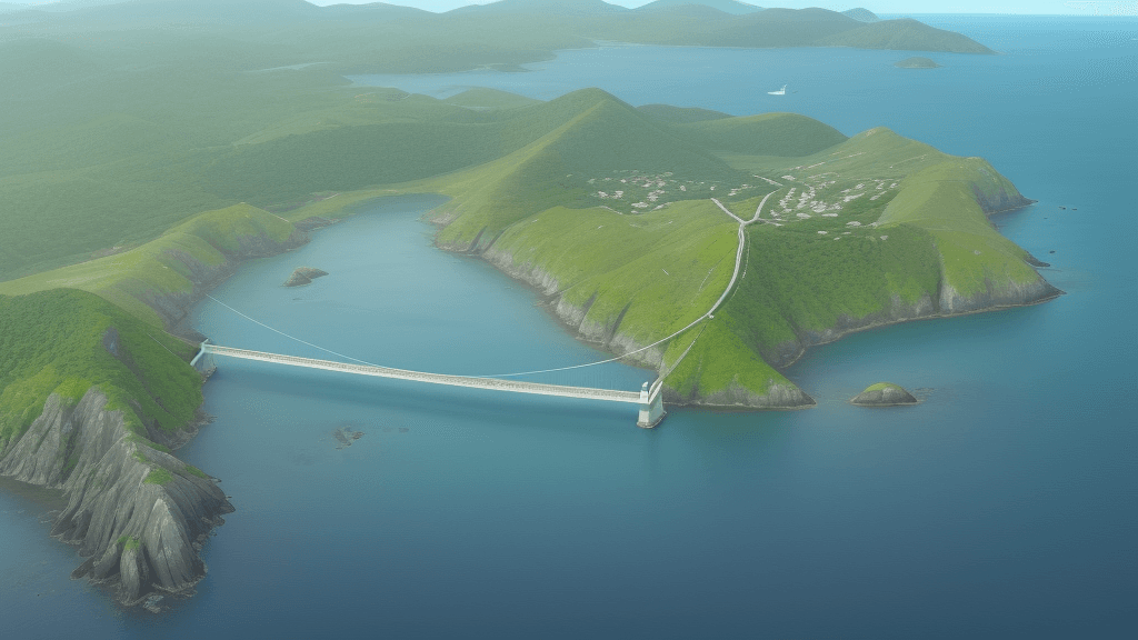 AI generated: bird's eye view high up looking down of a simple island. you can see the mainland in the background....