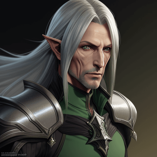 AI generated: Silver long haired Elezen, Older Male, ,muscular, Green eyes, Lance, Dragoon, Final Fantasy XIV, art...