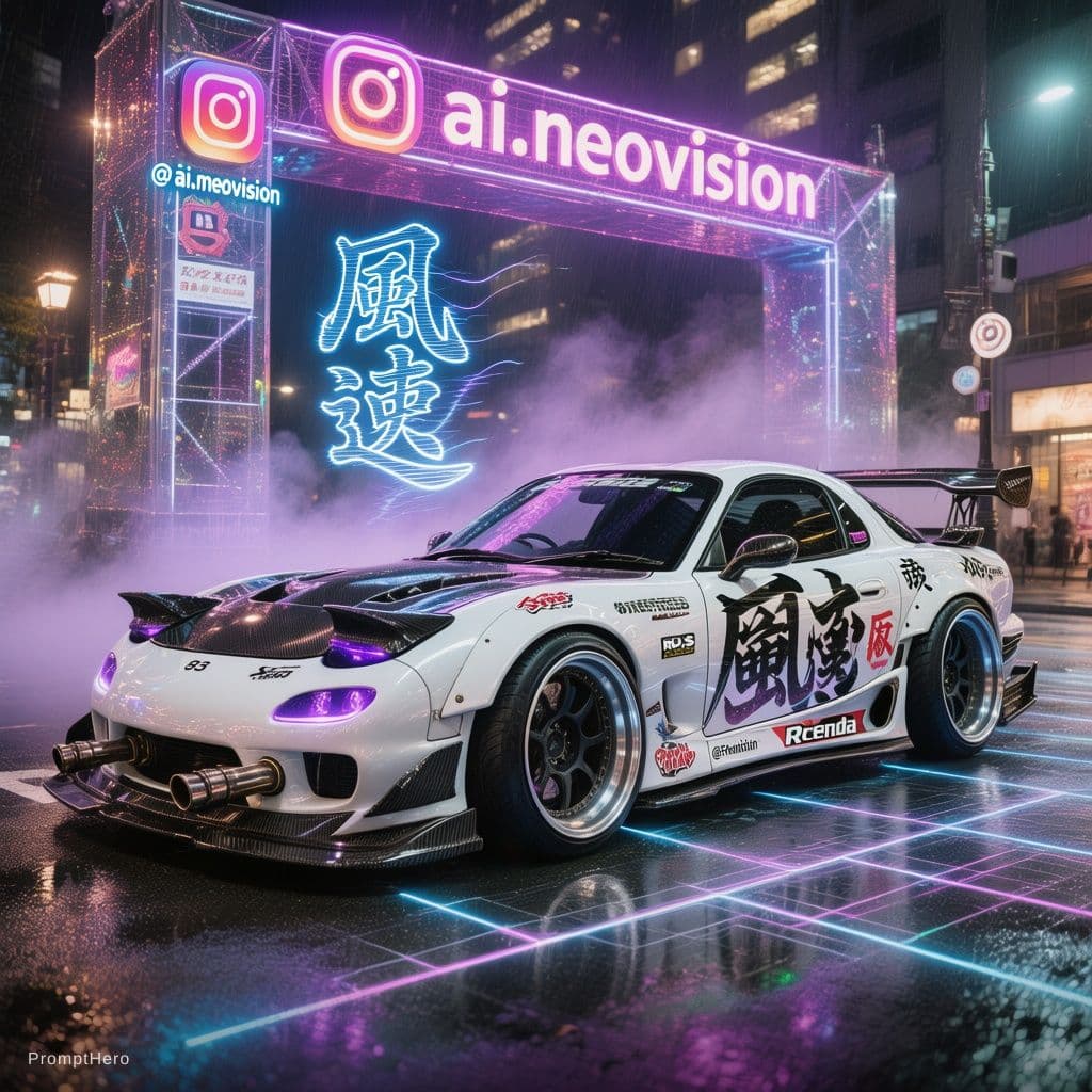 AI generated: Mazda RX-7 GT-X (FC) '90, white metallic paint, full custom widebody kit with forged carbon fiber ho...