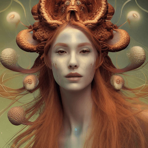 AI generated: Goddess close-up portrait ribcagel. jellyfish phoenix head, nautilus, orchid, skull, betta fish, bio...