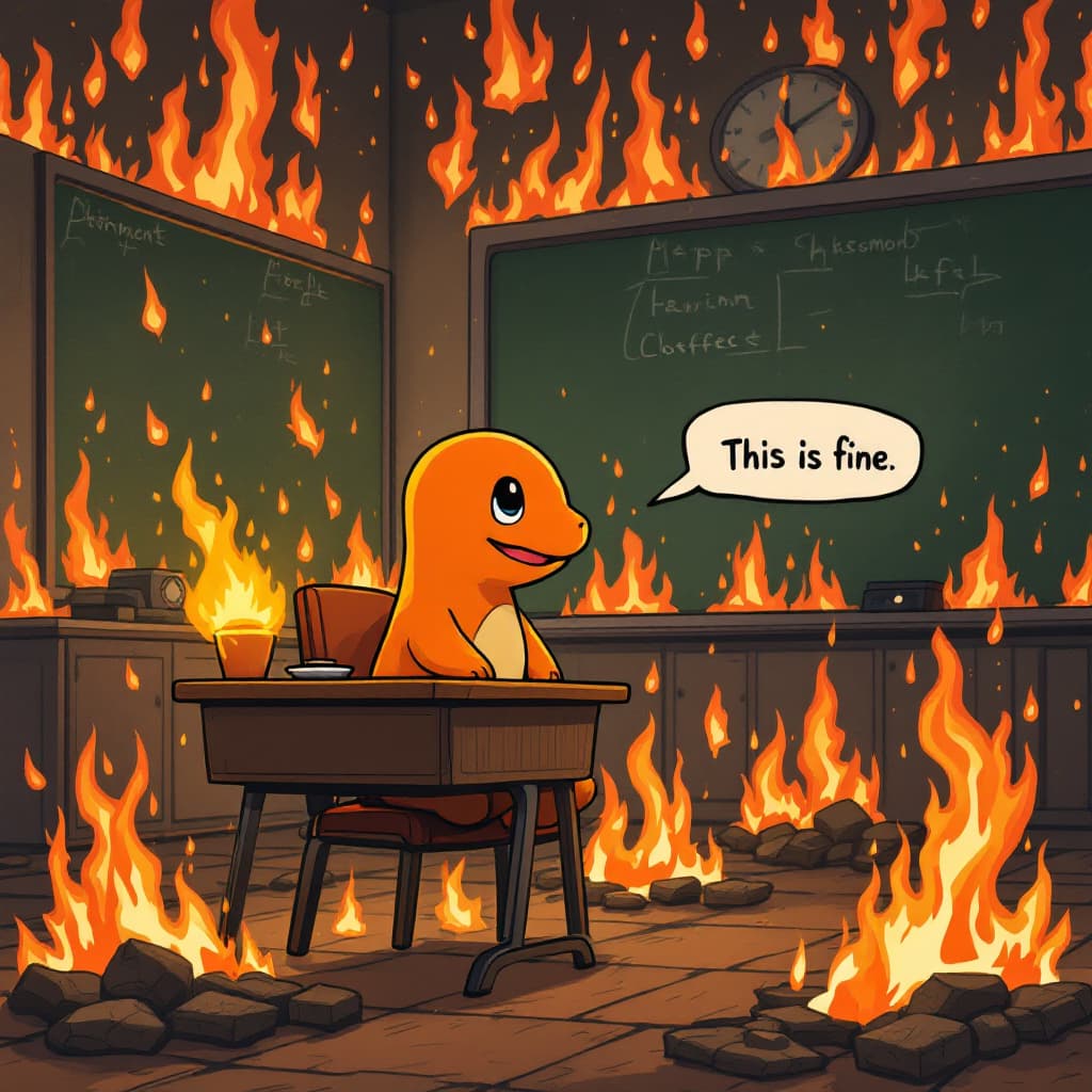 AI generated:  "it's fine" meme but a highly detailed and cute charmander is the one standing in the room in flame...