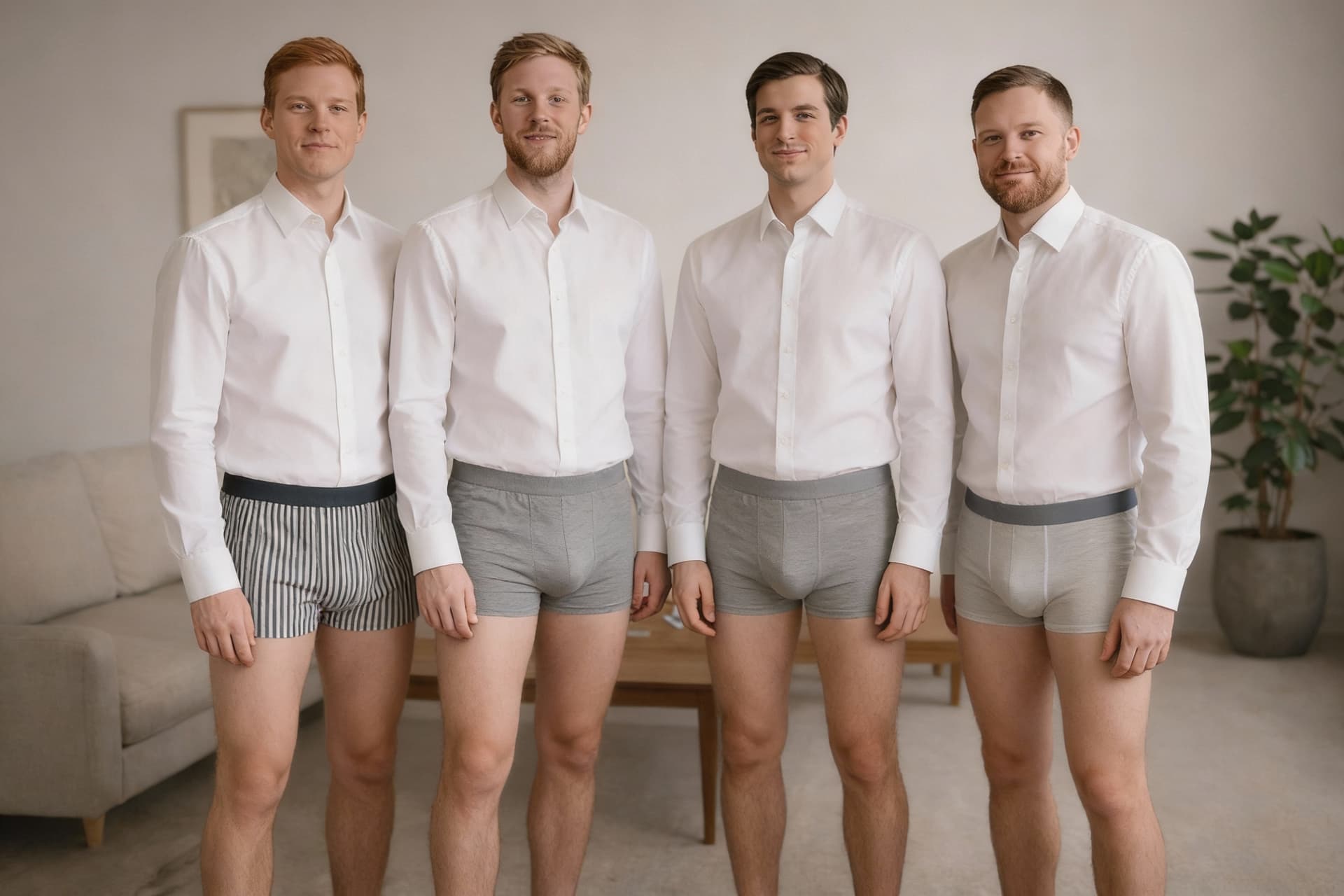 AI generated: Keep everything the same, but have the four men in just their boxershorts, different style to each m...