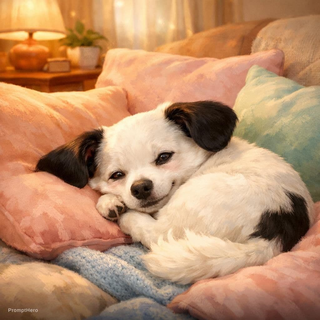 AI generated: A cheerful, realistic illustration of an adorable white dog with big black ears, curled up among sof...