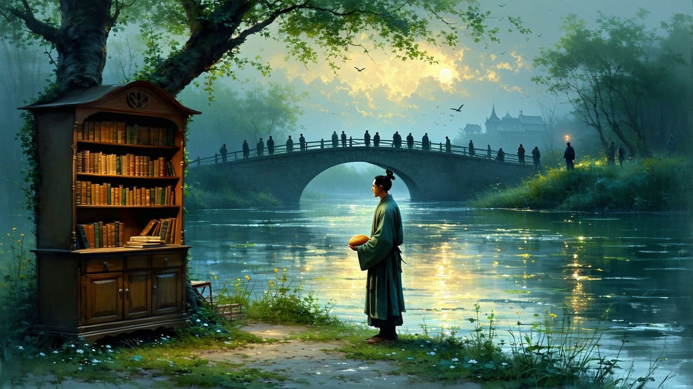 AI generated: A tranquil riverside at dusk, with a lone figure standing quietly, whispering a prayer to the gently...