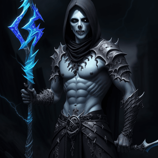 AI generated: A male undead necromancer with scales, a staff, lightning background, dark fantasy style, highly det...