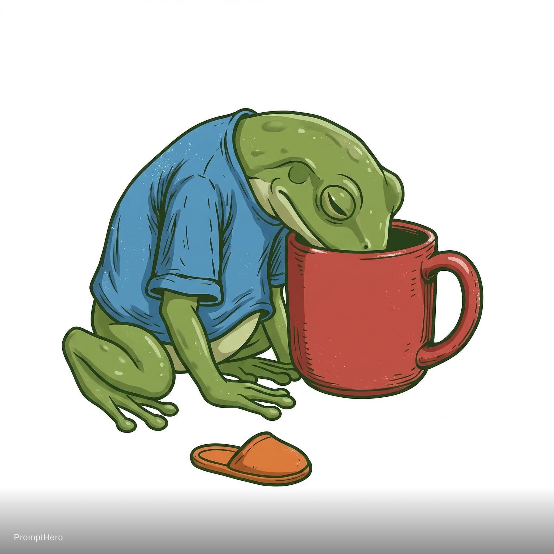 AI generated: funny exhausted frog character with head inside coffee mug, anatomically correct frog proportions, r...