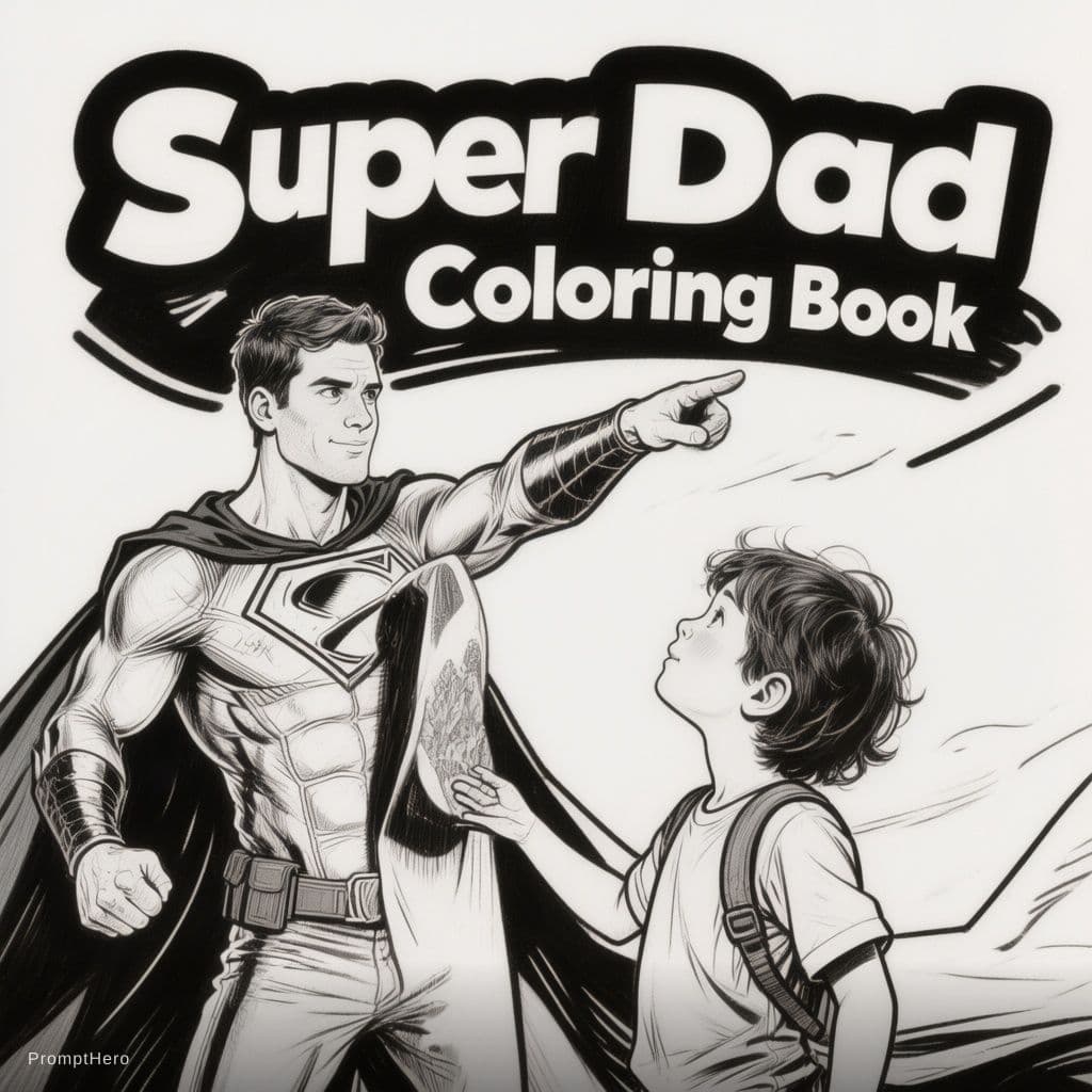 AI generated: Father as superhero with cape, child looking up admiringly, heroic pose, bold thick outlines, comic-...