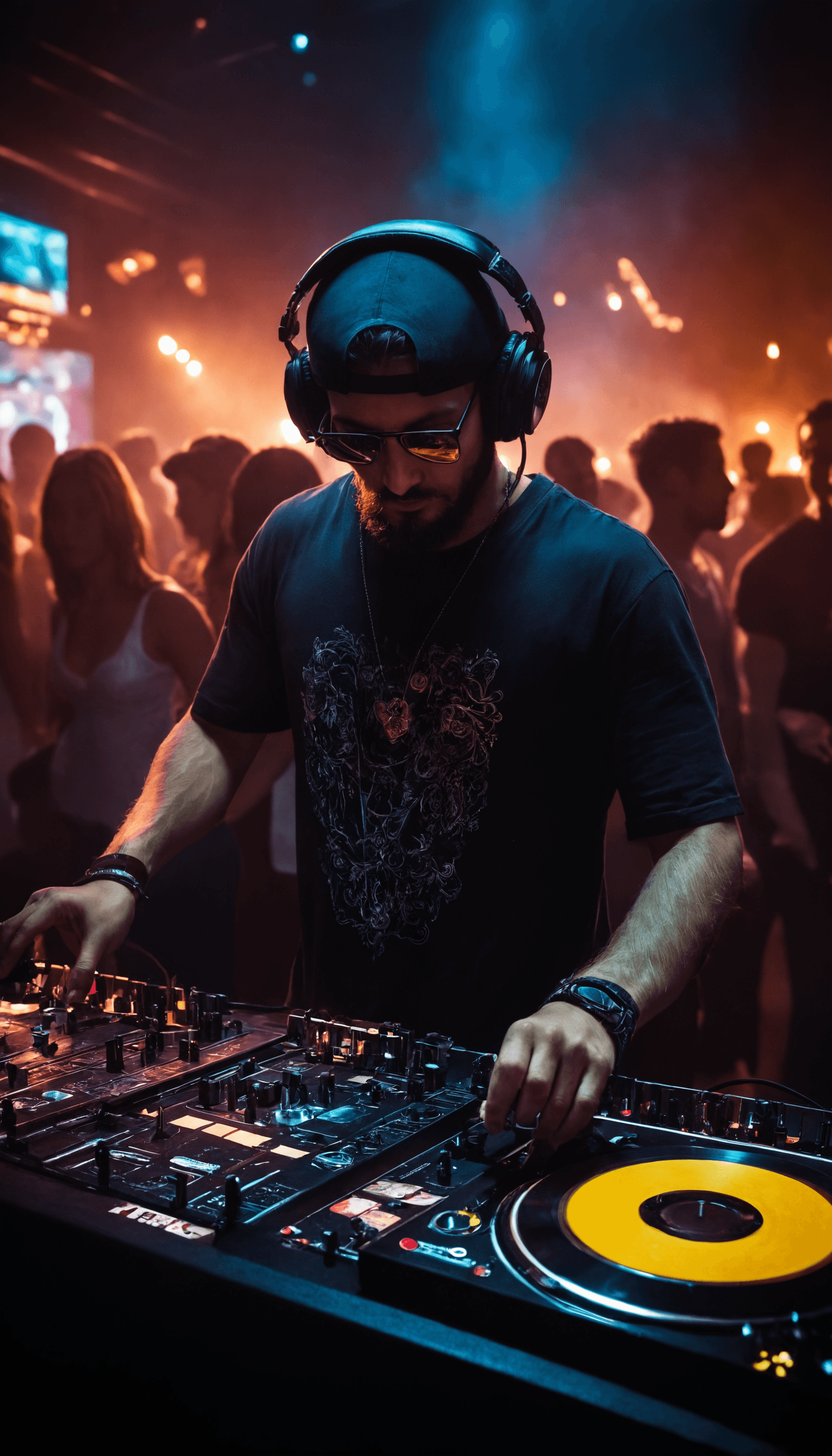 AI generated: A DJ with a beard and glasses wearing a baseball cap and a black T-shirt, headphones, entertainment ...