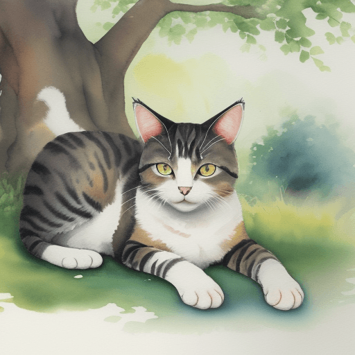 AI generated: Aquarell painting of an cat, lies in the nature
