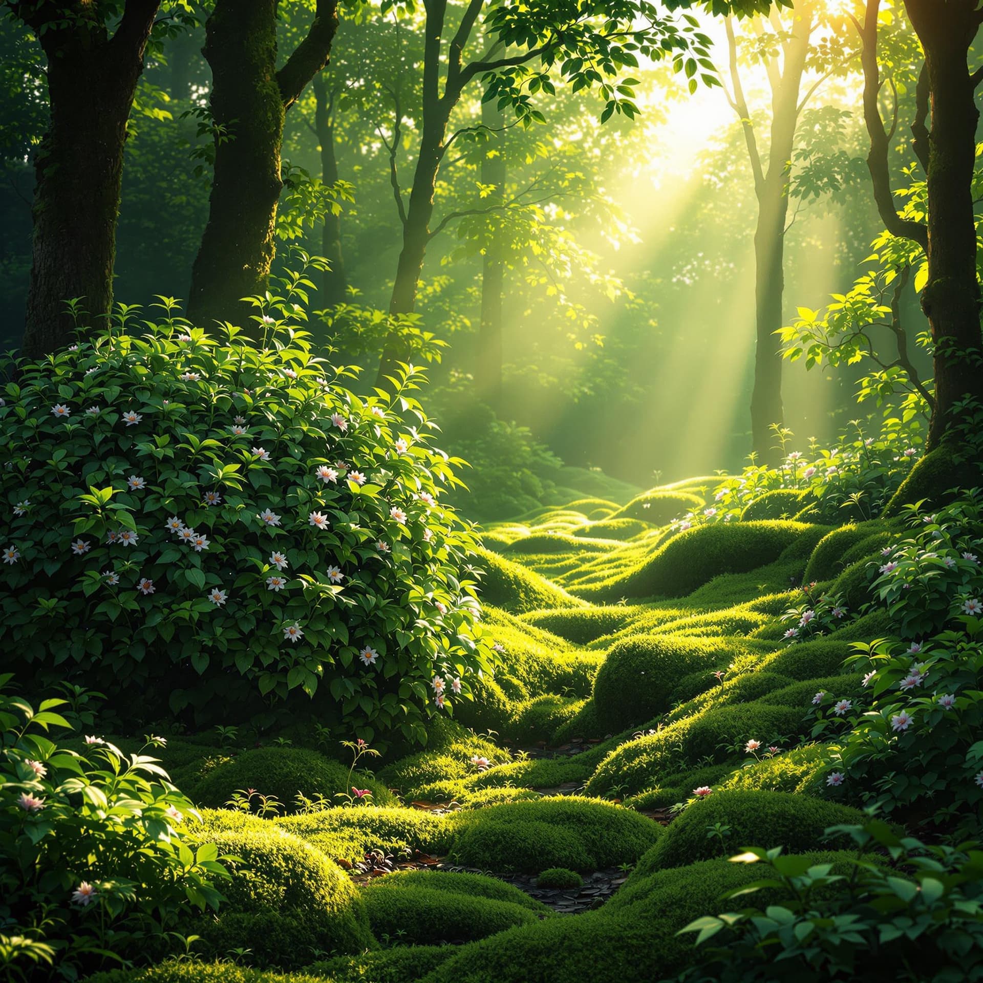 AI generated: bush, day, fantasy, flower, forest, grass, green theme, leaf, light rays, moss, nature, no humans, o...