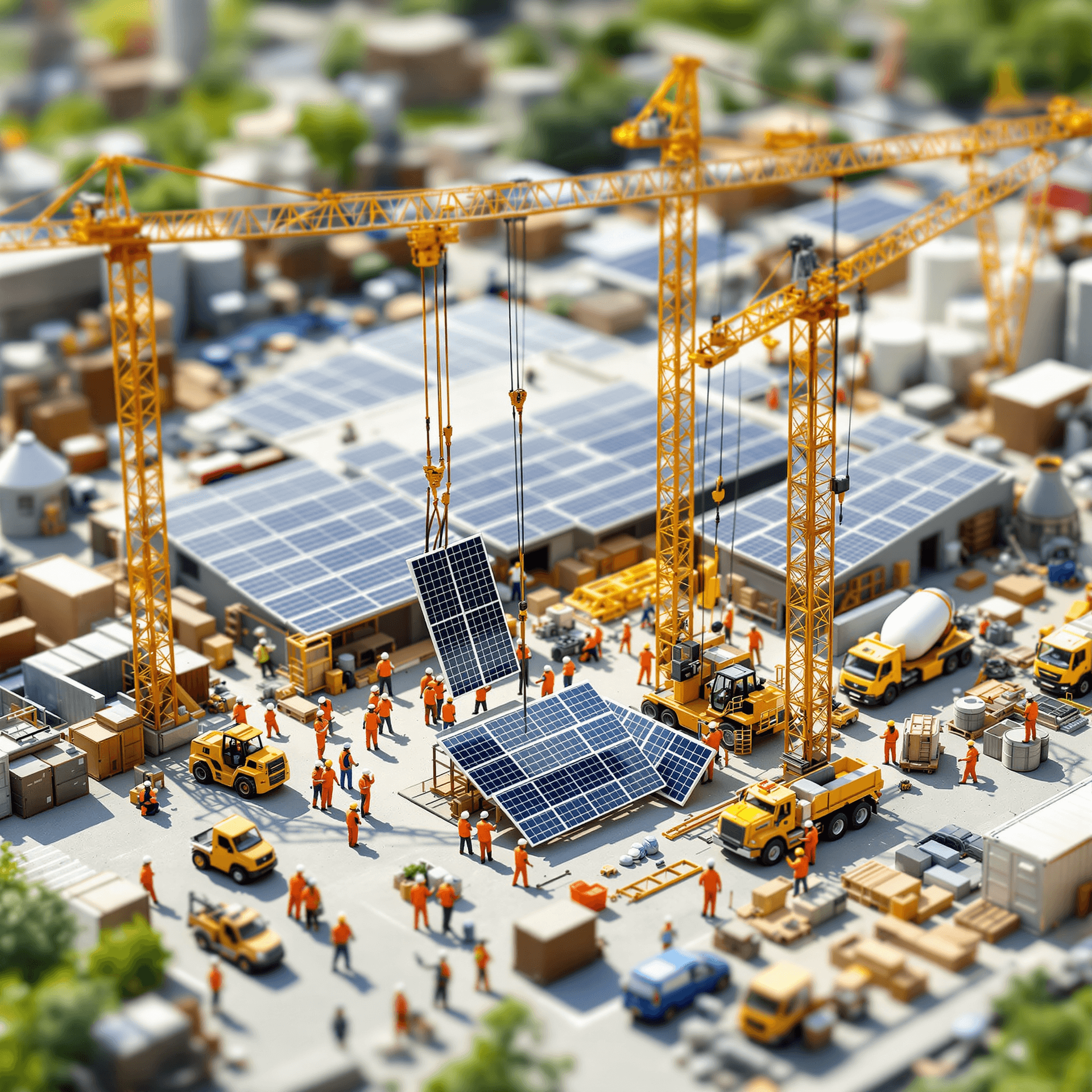 AI generated: In a highly detailed miniature industrial scene, workers in orange safety vests and white helmets ar...