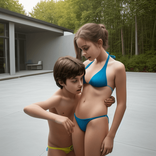AI generated: Hyper realistic eye level exterior photo of a young girl and a boy touvhing each others crotches s b...