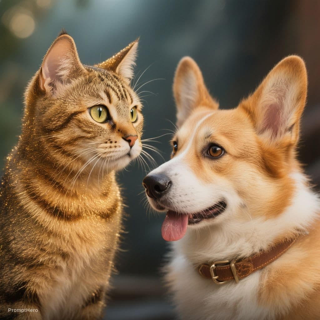 AI generated: golden shaded cat having conversasion to a corgie dog,

