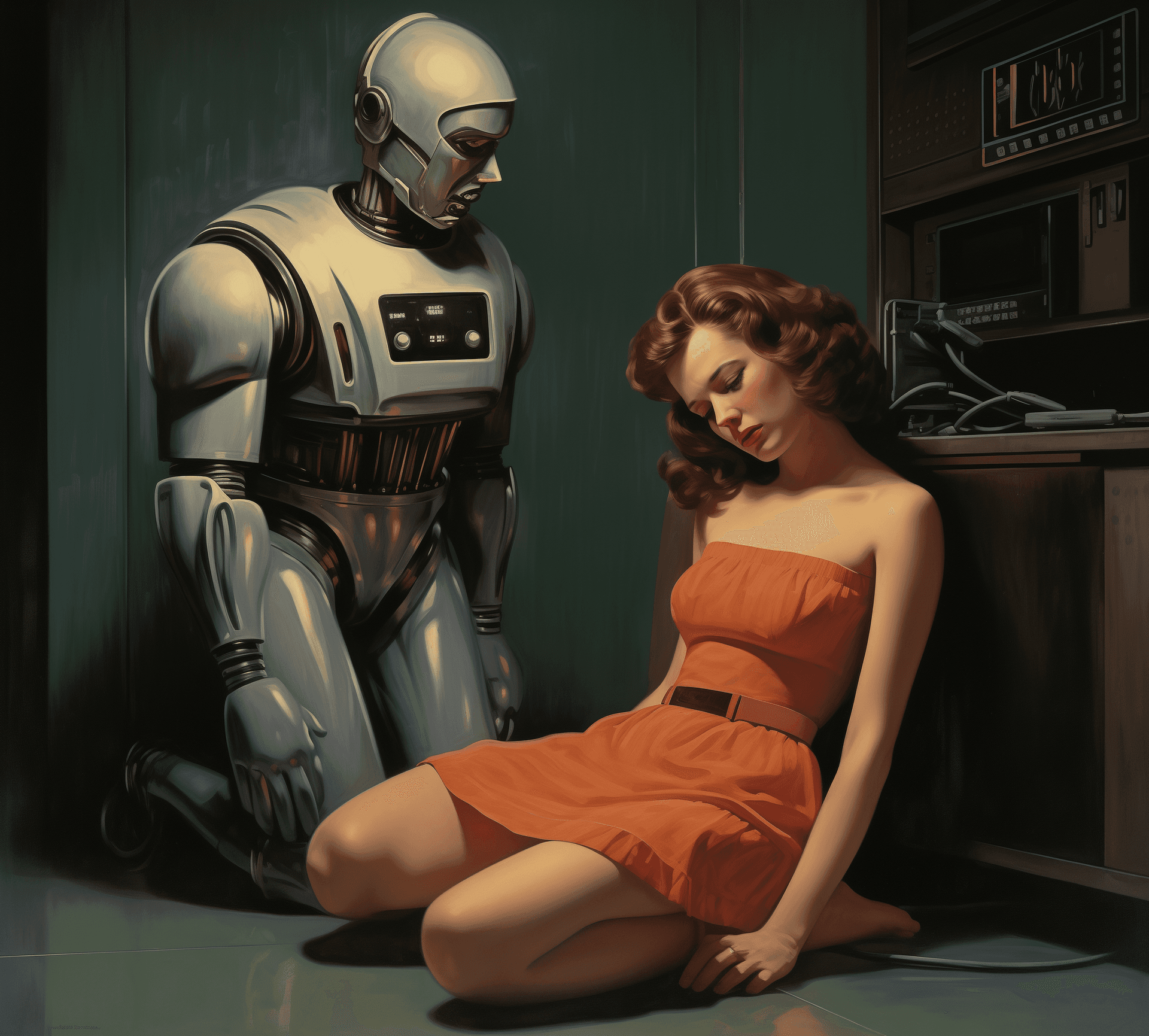 AI generated: A man being comforted by a robot while he watches his wife laying on the floor of an airlock, vintag...