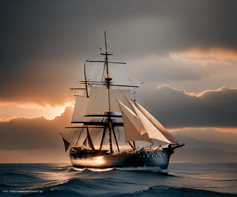 AI generated: Photo of a ultra realistic sailing ship, dramatic light, pale sunrise, cinematic lighting, battered,...