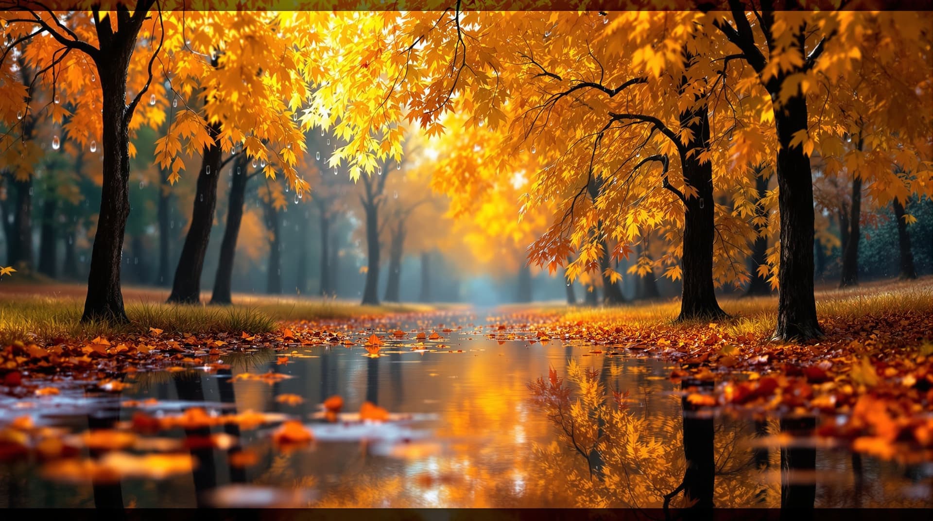 AI generated:  In a picturesque macro close up scene, autumn trees stand tall, their branches heavy with water dro...