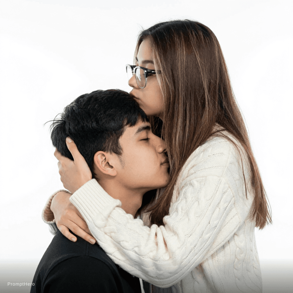 AI generated: Haz como si la chica me estuviera abrazando y besando el cabello, por lo demás manténlo tal cual est...