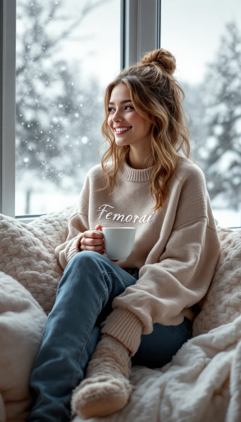 AI generated: A photorealistic image of a cheerful girl in a cozy casual outfit. She is wearing a soft oversized s...