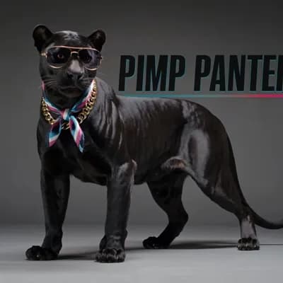 AI generated video: full body image of a pimp panther with the text 'PIMP PANTER