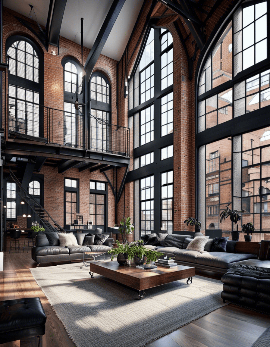 AI generated: 
large living room, empty, loft style, high vaulted ceilings, exposed brick, dreamy, intricate ceil...