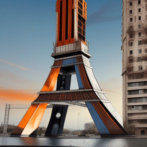 AI generated: torre ifel oxidada y deteriodada, con fondo naranja y en crisis, imagen hd, full definida
