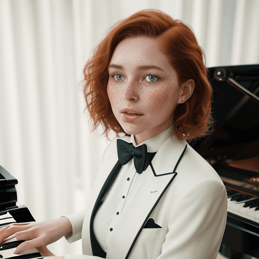 AI generated: A fair-skinned woman with freckles and green eyes, her wavy auburn hair elegantly styled. She is dre...