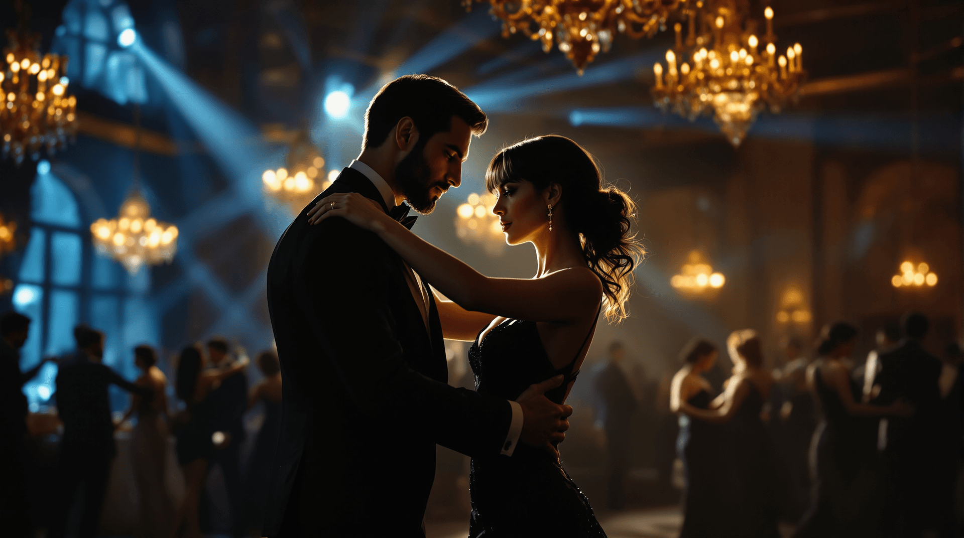 AI generated: Elegant couple waltzing in a luxurious ballroom. Man matches earlier scene: dark hair, well-groomed ...