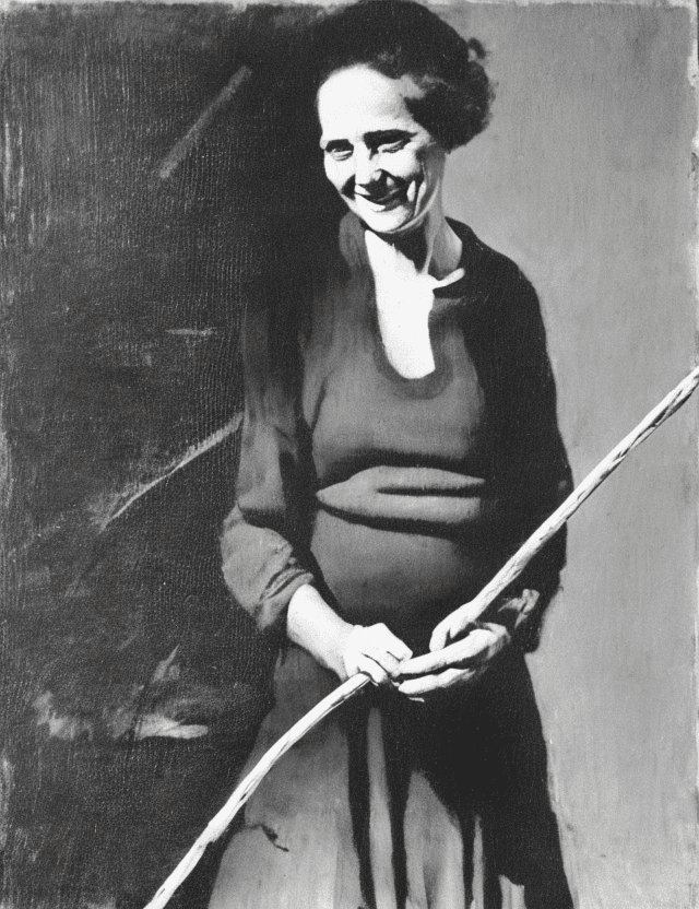 AI generated: vieille femme, souriant, seule, photographie noir et blanc, debout avec un balai en paille, dans sa ...