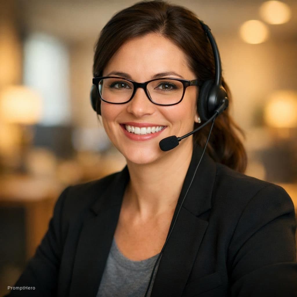 AI generated: A woman in a professional setting, smiling warmly at the camera, wearing a black blazer over a gray ...