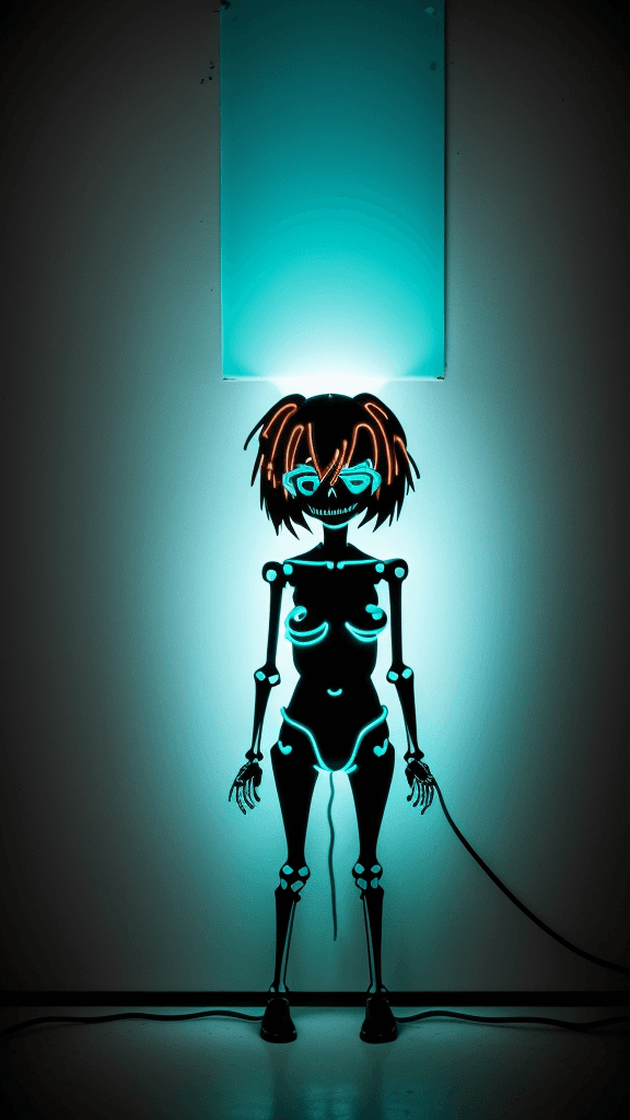 AI generated: a neon smashed up wall with a light coming out in the middle, in the style of anime art, skeletal, l...