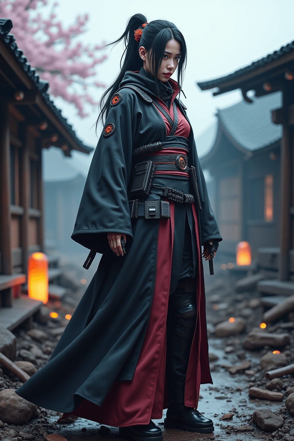 AI generated: A retro-futuristic female warrior combining the grace of a geisha and the stealth of a ninja. She st...