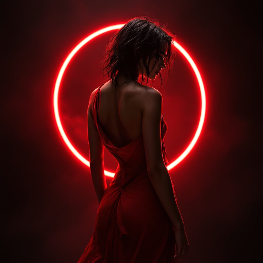 AI generated: A seductive woman with tousled dark hair, standing with her back turned, wearing a torn and flowing ...